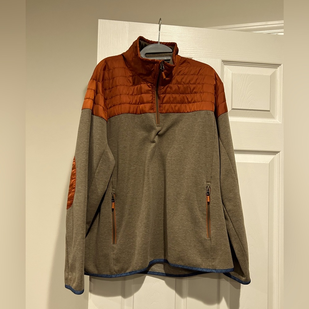 Men’s Orvis quarter zip long sleeve jacket orange & brown Sz L LIKE NEW